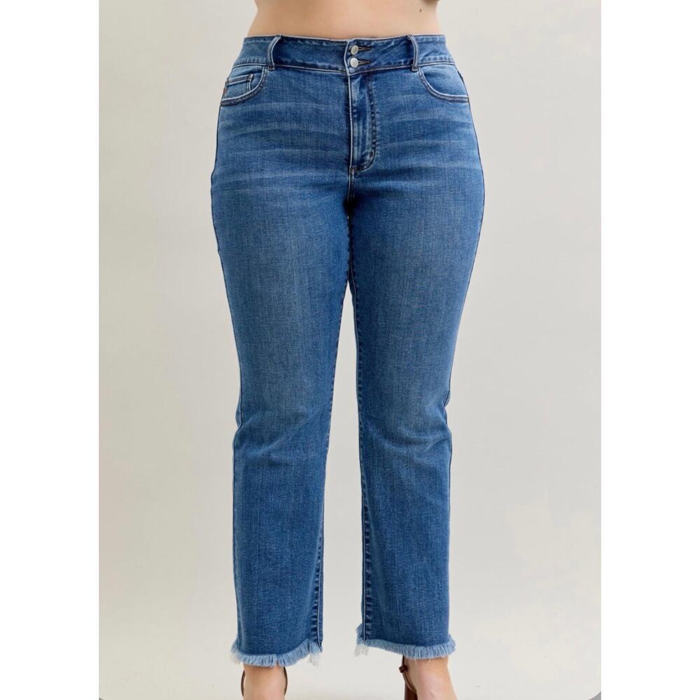 82686PL High Waist Bootcut Double Button WB & Fray Hem